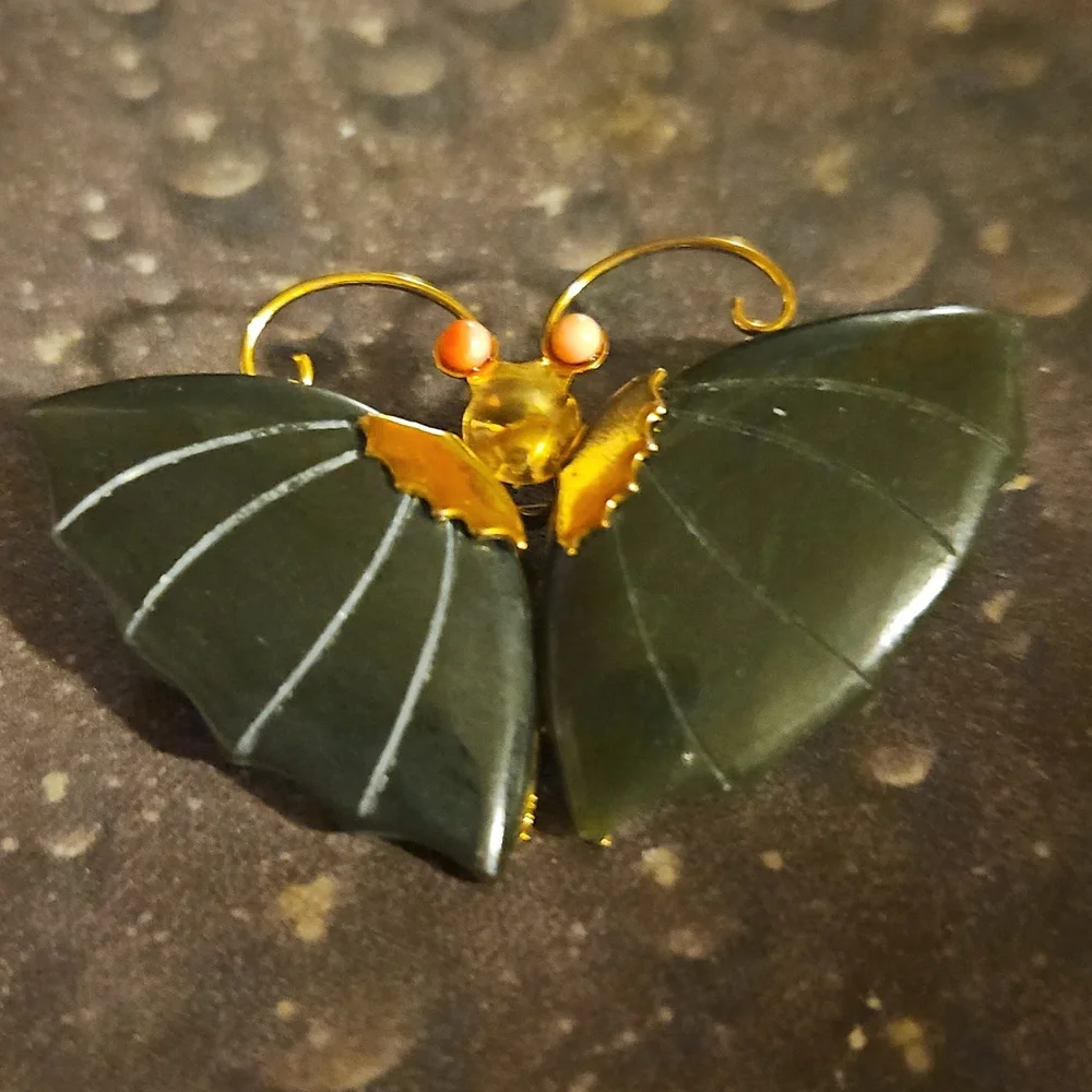 Vintage Goldtone Jade Coral Butterfly
